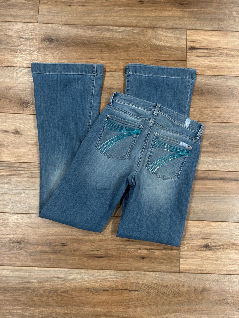 7 FOR ALL MANKIND Sparkly Turquoise Mid-rise Flared Dojo Trouser Jeans | Size 28